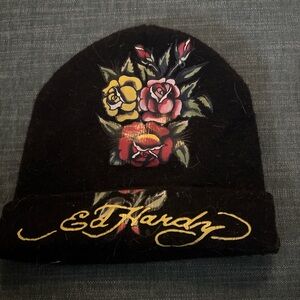 Ed Hardy Black Beanie with Floral Design